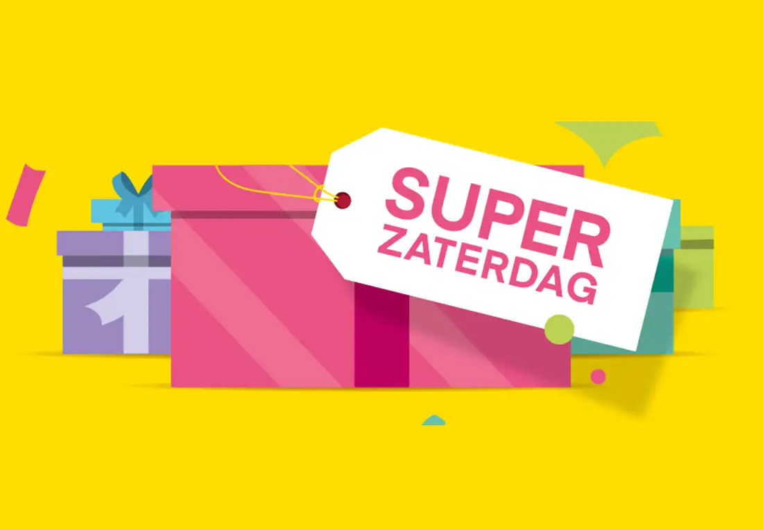 Verpakking met label 'Super Zaterdag' op een gele achtergrond.