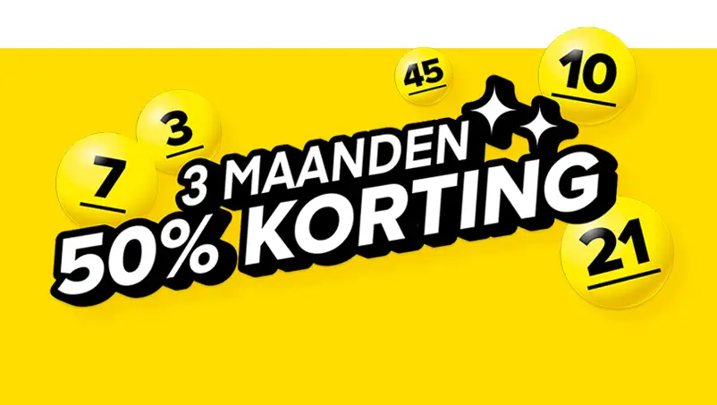 Aanbieding voor 3 maanden 50% korting met Lotto-ballen 3, 10, 21, 45 en 7 op een gele achtergrond.