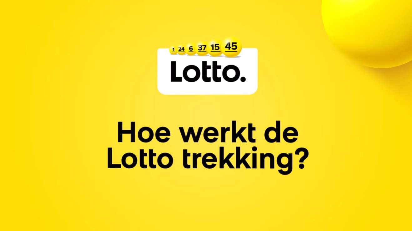 Hoe werkt de Lotto trekking? Tekst op een gele achtergrond met Lotto logo en getallen.