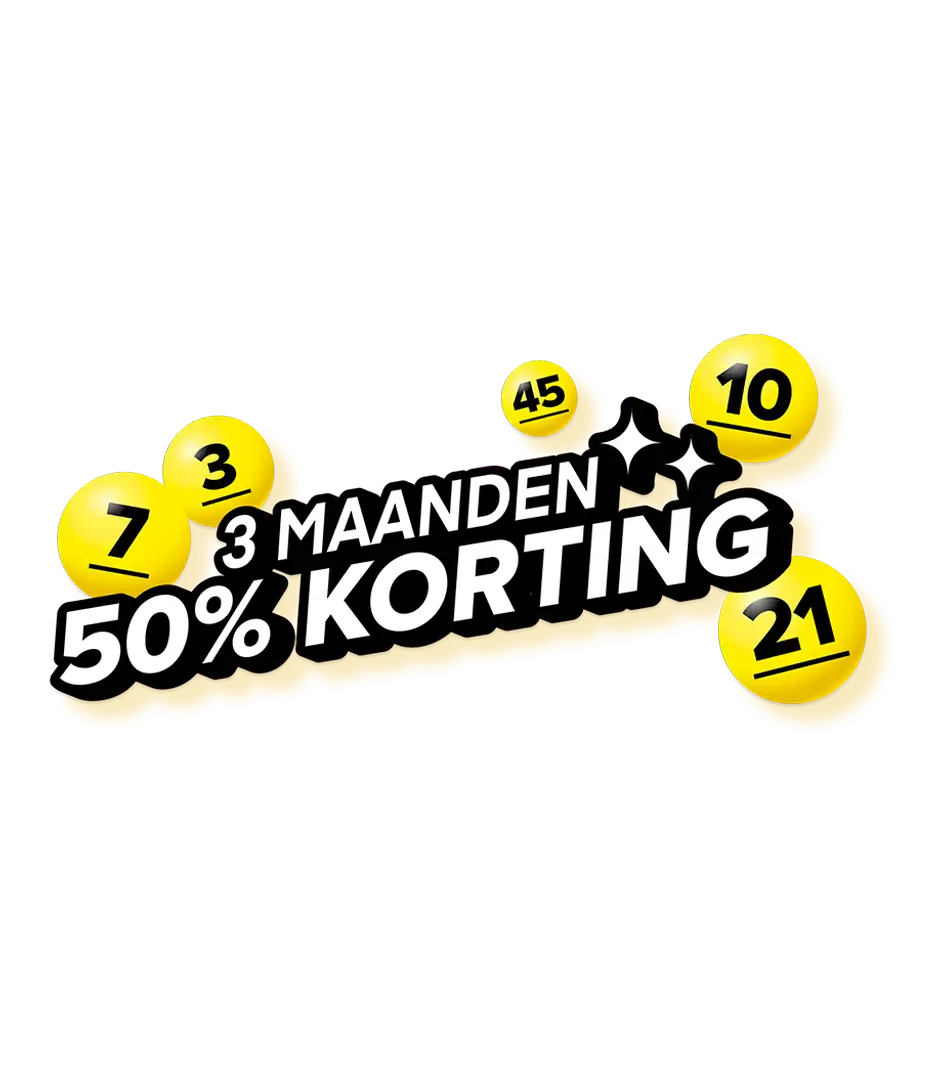 Aanbieding van 3 maanden 50% korting op Lotto-loten met een achtergrond van Lotto-ballen.