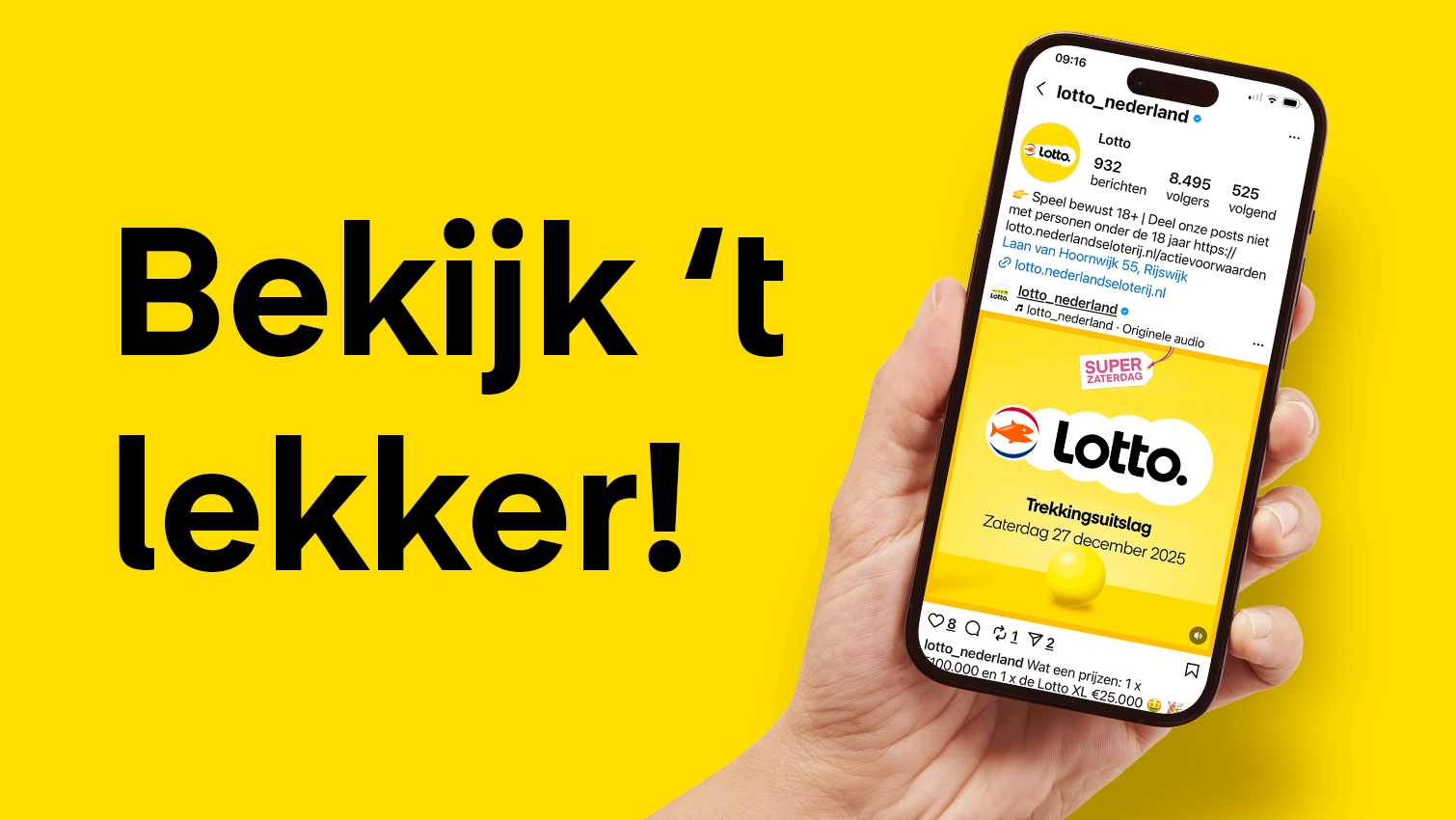 Een hand houdt een smartphone vast met een Instagram-post van Lotto, op een gele achtergrond.